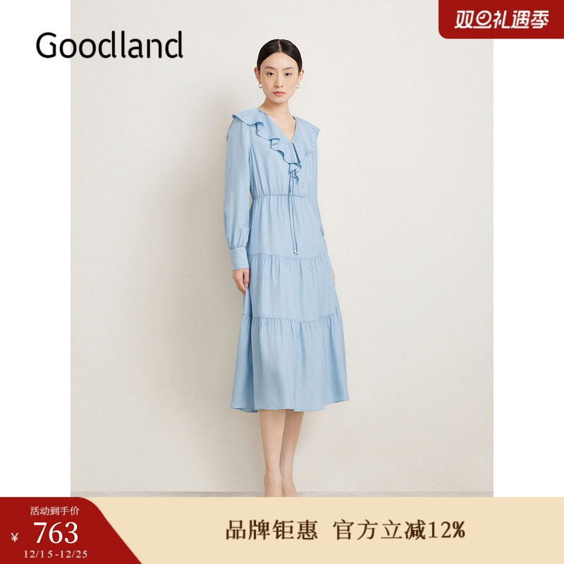 【醋酸系列】Goodland美地春季法式优雅荷叶边仙女裙连衣裙