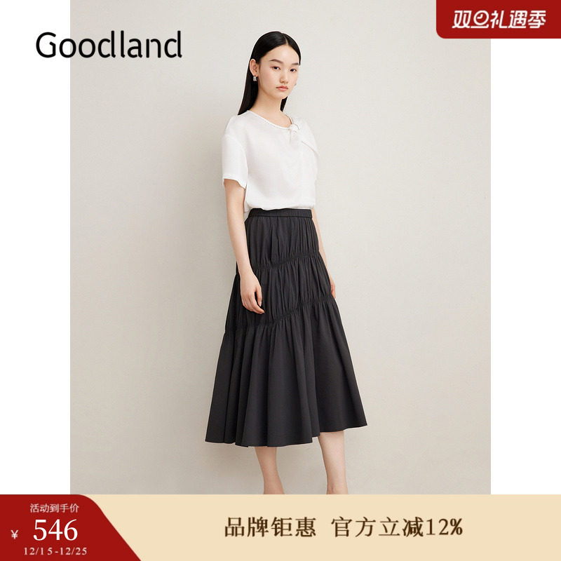 Goodland美地夏季法式烫钻收褶衬衫斜纹上衣