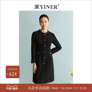 YINER音儿专选女装冬季法式木耳花边领羊毛毛呢连衣裙小黑裙