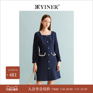 YINER音儿专选女装冬季法式优雅方领羊毛金属闪丝连衣裙