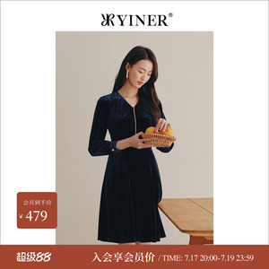 YINER音儿专选女装冬季长袖小个子金丝绒气质连衣裙