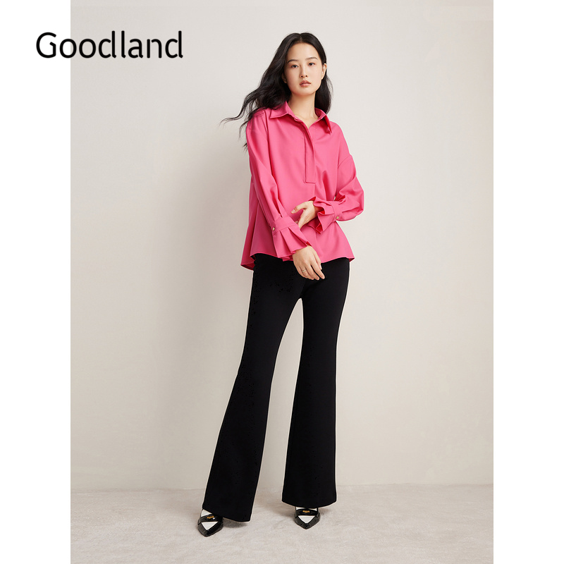 Goodland美地春季法式优雅玫红色喇叭袖口羊毛衬衫上衣