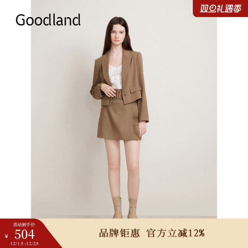 Goodland美地春季法式优雅职场一粒扣卡其小西装短外套
