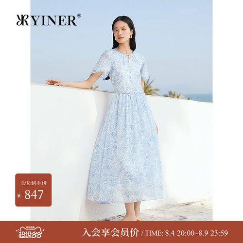 YINER音儿专选夏季新款镂空小V领虞美人方格雪纺纱印花连衣裙