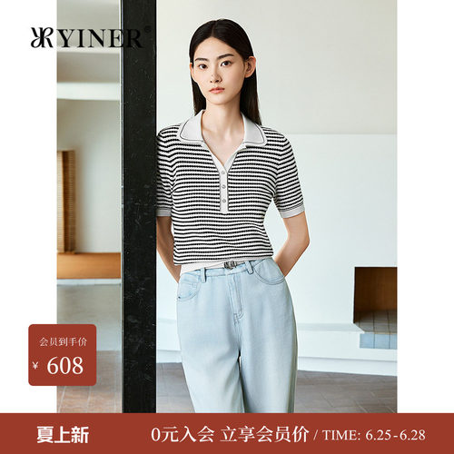 YINER音儿专选夏季新款法式撞色肌理提花条纹海鸥领毛针织衫