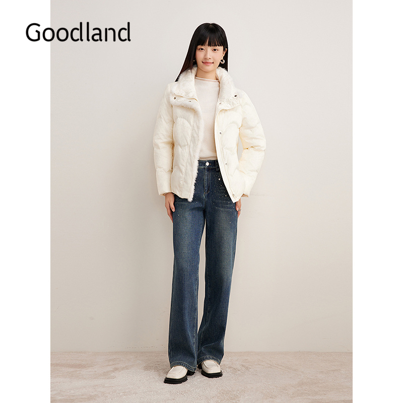 【新中式】Goodland美地女装冬时尚水貂毛条700蓬国风提花羽绒服