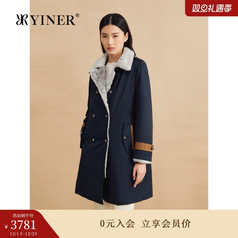 YINER音儿专选女装冬季中长款可拆卸式水貂毛领派克服厚实皮草
