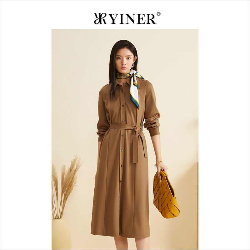 YINER音儿秋季中长款收腰长袖polo衬衫连衣裙