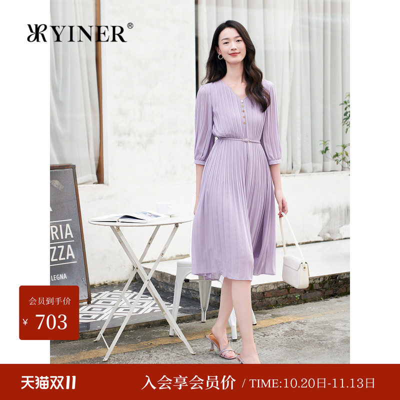 YINER音儿法式优雅V领七分袖连衣裙女秋收腰百褶雪纺气质通勤裙