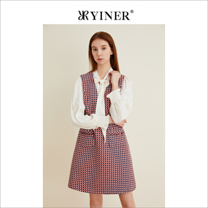 YINER音儿女装春季无袖深V领粗花呢连衣裙