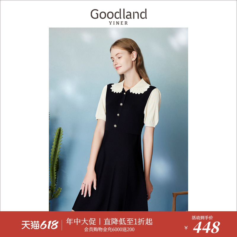 Goodland美地女装夏季撞色翻领珠扣泡泡袖收腰修身连衣裙