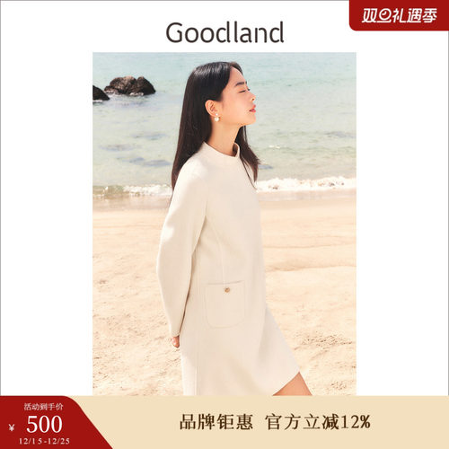 Goodland美地女装冬季小香风立领金属扣饰纯羊毛双面毛呢连衣裙