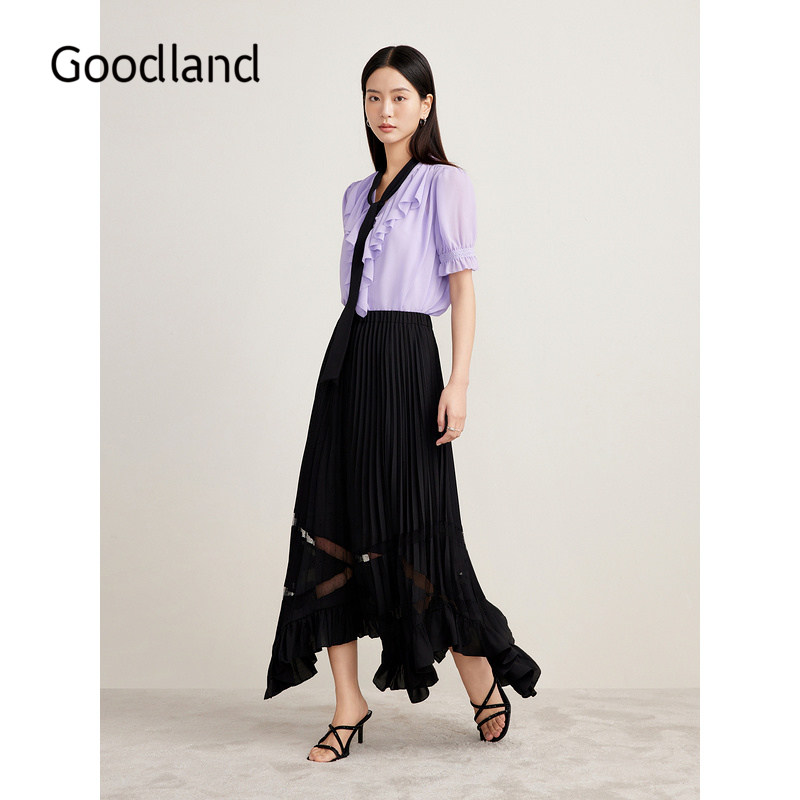 Goodland美地夏季优雅褶裥压褶伞裙法式蕾丝拼接半身裙