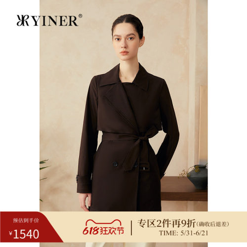 YINER音儿2025春季新款轻薄无氨四面弹一手长风衣大翻领廓形外套