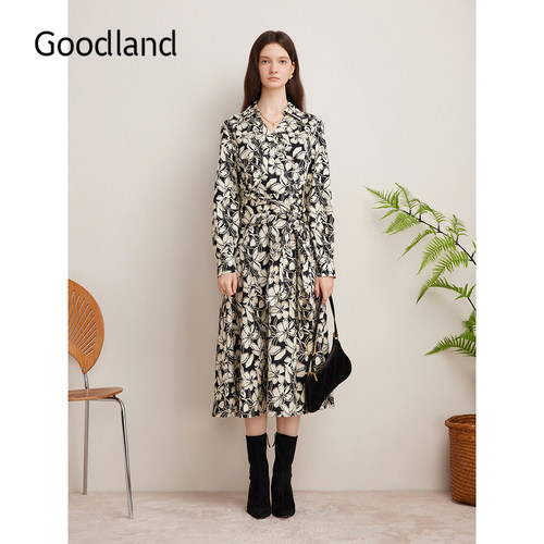 Goodland美地秋季碎花印花海鸥领收褶修身连衣裙长袖