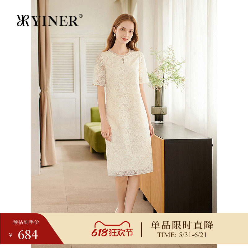 YINER音儿专选夏季新款款法式蝴蝶兰绣花蕾丝优雅直身连衣裙