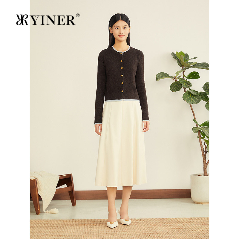 YINER音儿专选冬季新款摩卡慕斯色海盐撞色丝光羊毛针织衫