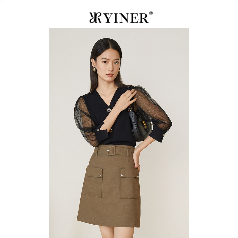 YINER音儿专选女装春季细闪灯笼网纱袖拼接V领针织衫上衣,女装/女士精品,毛针织衫,淘宝优惠券,粉丝福利购,淘宝优惠卷