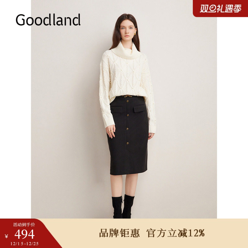 Goodland美地女装冬季通勤金属装饰单排扣高腰毛呢A字半身裙