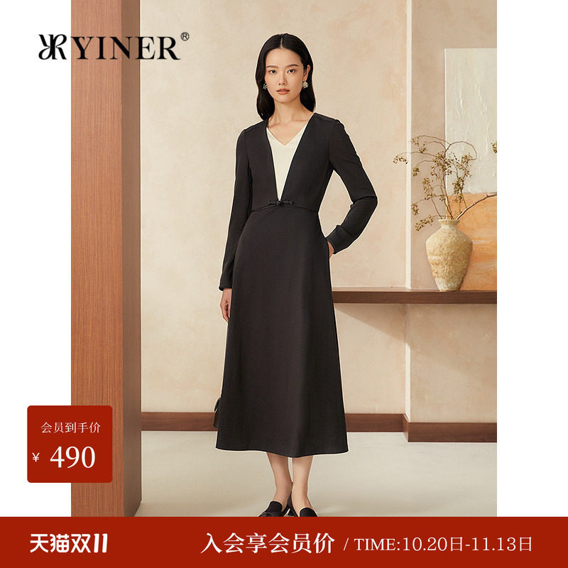 YINER音儿新款新莱赛尔混纺中式假两件V领针织连衣裙修身长裙长袖