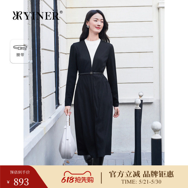 YINER音儿专选冬季羊毛撞色假两件复古V领连衣裙
