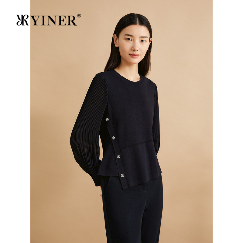 YINER音儿秋季时尚不对称收腰拼压褶雪纺袖毛针织衫