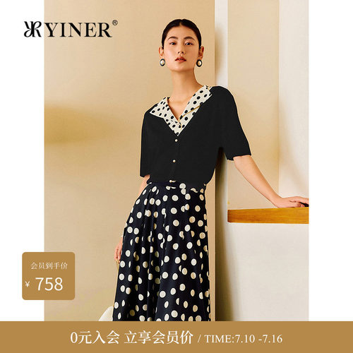 YINER音儿女装夏季复古波点假两件桑蚕丝混纺针织衫套头
