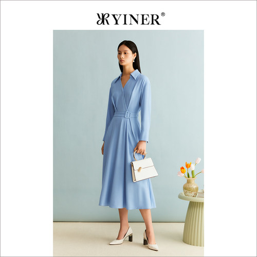 【反季】YINER音儿女装冬季法式通勤海鸥领收腰羊毛毛呢连衣裙