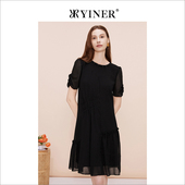 优雅收褶钉珠领小黑裙连衣裙 法式 YINER音儿专选女装 夏季