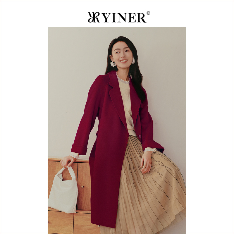 【中国红】YINER音儿专选女装冬中式外套纯绵羊毛双面毛呢大衣