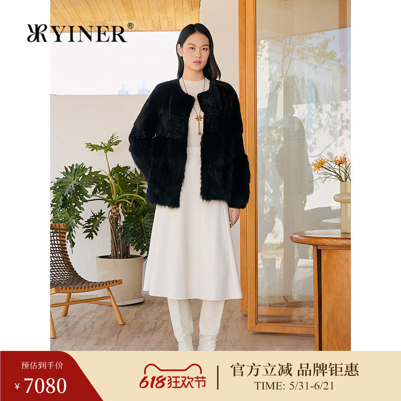 YINER音儿专选冬季新款优雅貉子毛拼羊毛拼水貂毛皮草外套
