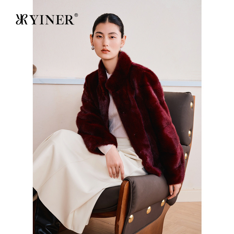 YINER音儿专选春季新款安可拉红中式立领整貂水貂毛皮草外套