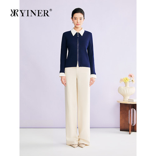 YINER音儿2026春季新款时尚撞色假两件衬衫翻领羊毛混纺针织衫