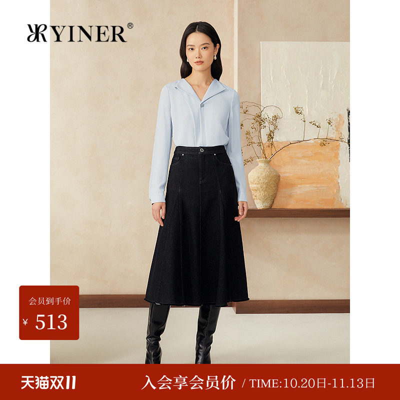 YINER音儿女装春季弹力重绉桑蚕丝衬衫法式不规则V领轻上衣长袖