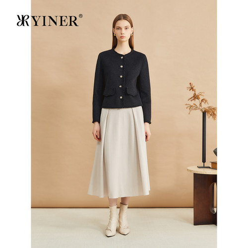 YINER音儿专选女装冬季时尚小香风短款毛边羊毛混纺双面呢外套