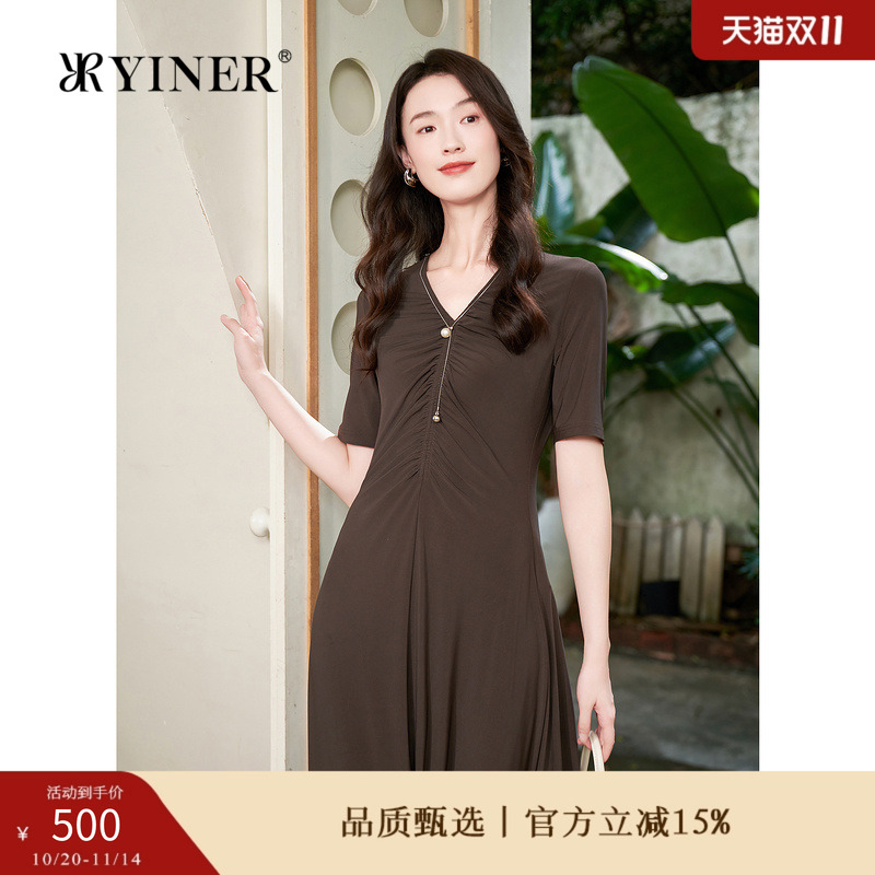YINER音儿专选秋季四面弹法式收褶钉珠V领收腰气质连衣裙