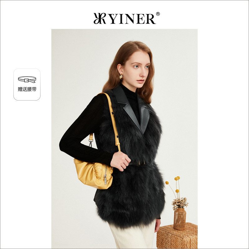 YINER音儿专选女装冬季白鹅绒内胆狐狸毛皮草羽绒配腰带