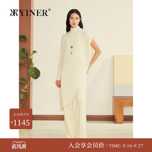 YINER音儿冬季新款法式美丽诺羊毛半高领不对称袖型毛针织衫
