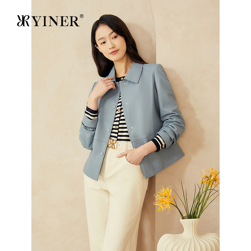 YINER音儿专选2025春季新款肤感复古翻领柔韧真皮小羊皮衣外套
