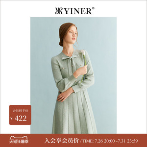 YINER音儿专选冬季法式蝴蝶结绵羊毛收腰针织连衣裙