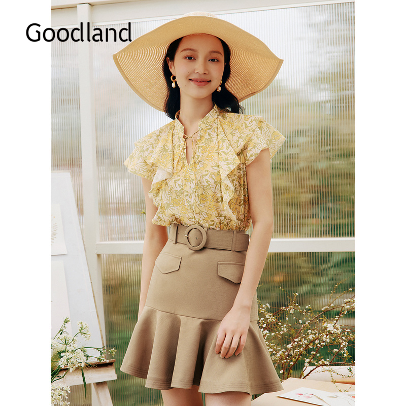 【真丝系列】Goodland美地夏季法式含桑蚕丝碎花衬衫