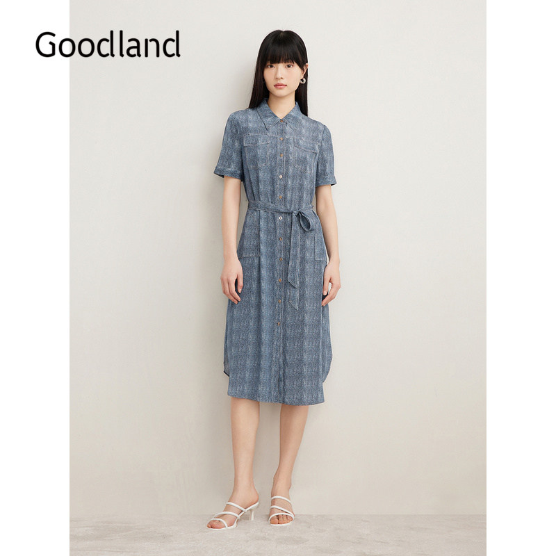 【真丝系列】Goodland美地女装夏桑蚕丝牛仔色衬衫连衣裙