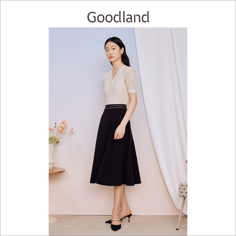 Goodland美地女装夏季时尚木耳花边拼接V领针织衫套头