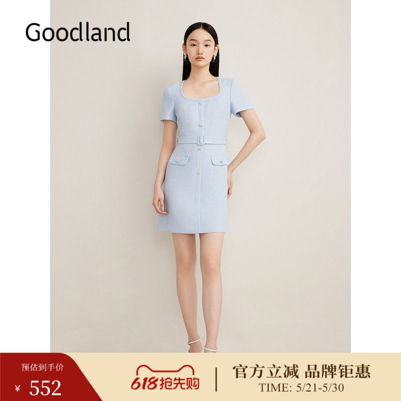 Goodland美地夏季复古方领花纱小香风收腰A字连衣裙