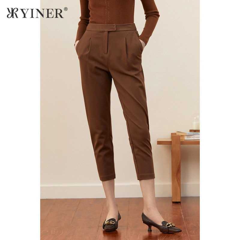 YINER音儿女装冬季通勤风驼色哈伦裤锥形休闲裤