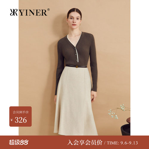【100美丽诺绵羊毛】YINER音儿专选女装冬季时尚V领针织上衣长袖