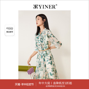 YINER音儿专选女装 蝴蝶结飘带雪纺碎花连衣裙 夏季