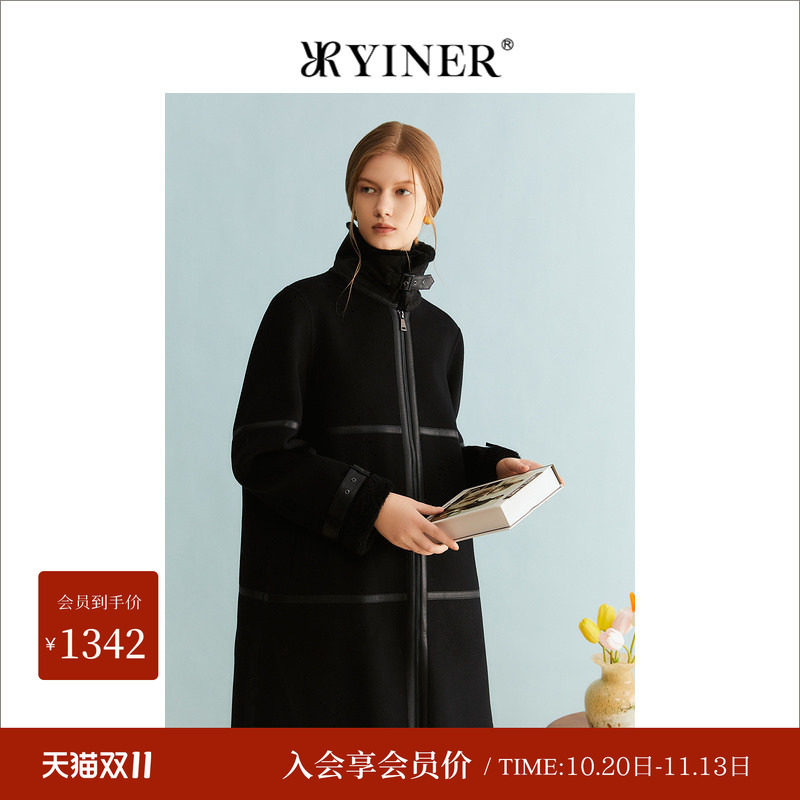 【100绵羊毛】YINER音儿专选女装冬季中长款保暖毛领大衣厚实