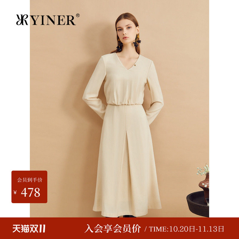 YINER音儿女装冬季时尚美丽诺羊毛小V收腰连衣裙长袖