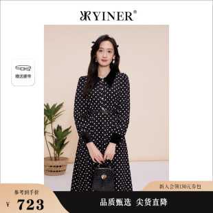 YINER音儿专选女装 摩登波点图案POLO领连衣裙 时尚 春季